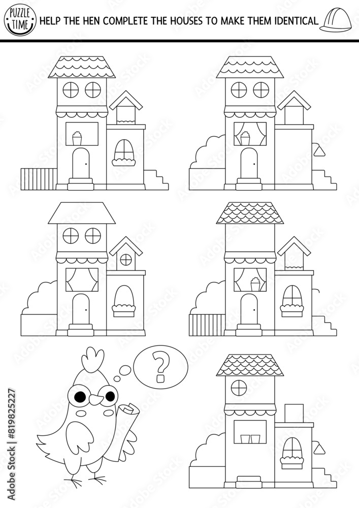 Black and white find differences, logical and drawing game for kids. Construction site educational activity with houses. Complete houses to make them identical printable worksheet, puzzle. Black and white find differences, logical and drawing game for kids. Construction site educational activity with houses. Complete houses to make them identical printable worksheet, puzzle.