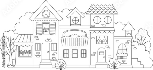 Vector black and white beautiful house surrounded by garden. Residential building line illustration. Cute cottage with flowers. Funny little town or city coloring page with roof, walls, shutters.