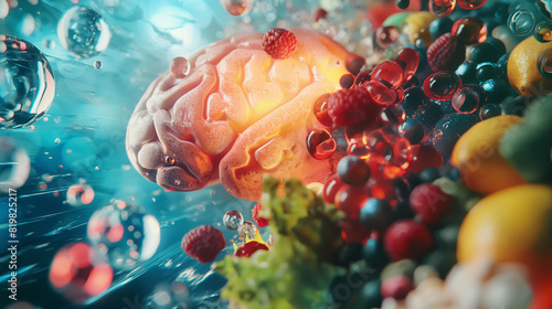 Close-up of food labels highlighting brain-boosting nutrients like omega-3, antioxidants, and vitamins, with a brain graphic in the background. Dynamic and dramatic composition, wi photo