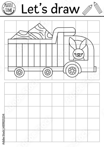 Draw the truck. Vector construction site drawing practice worksheet with industrial vehicle. Printable black and white activity for kids. Copy or complete the picture coloring page with car. © Lexi Claus