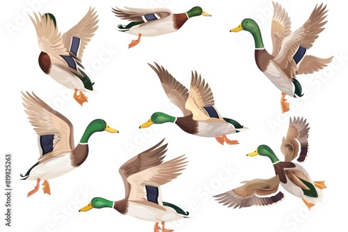 A group of ducks flying in the air. Suitable for nature and wildlife themes