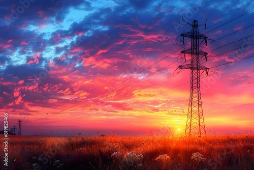Sunset Overpowering Transmission Towers in Vast Meadow - Scenic Evening Landscape for Print, Poster