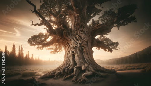 Majestic Ancient Tree in Mystical Forest at Sunrise
