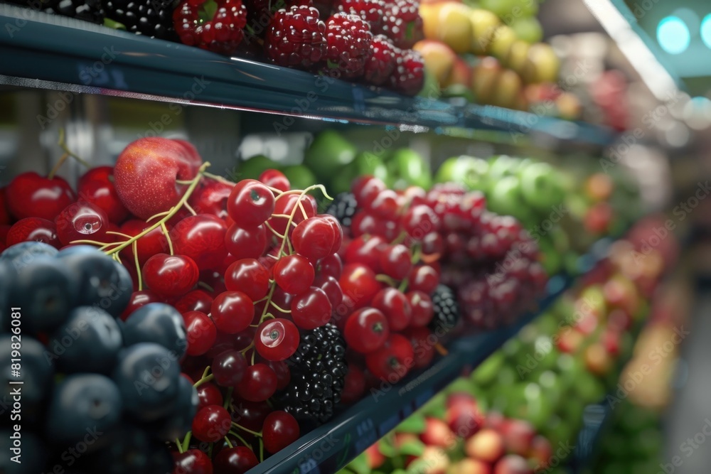 Colorful fruits displayed on a shelf, perfect for food and nutrition concepts