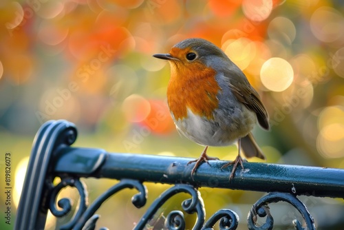 Small bird perched on metal bench, suitable for nature or outdoor themes photo