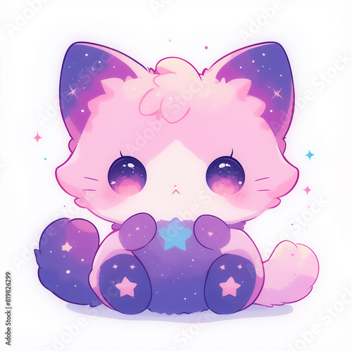Cosmic cat kawaii illustration for stickers, logos and emotes, cloudy galaxy texture adorable cute design stationery set