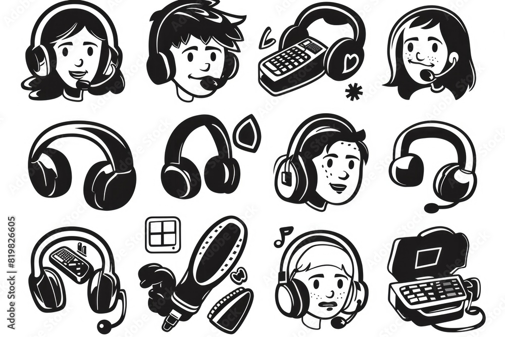 Collection of black and white illustrations featuring people wearing headphones. Great for music and technology themes