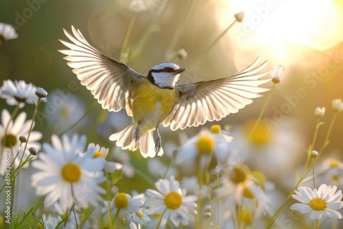 A small bird flying over a field of colorful flowers. Suitable for nature and wildlife concepts