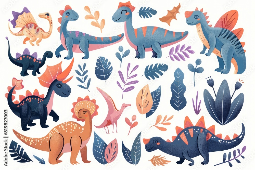 Group of cartoon dinosaurs surrounded by plants. Suitable for children's books or educational materials Group of cartoon dinosaurs surrounded by plants. Suitable for children's books or educational materials