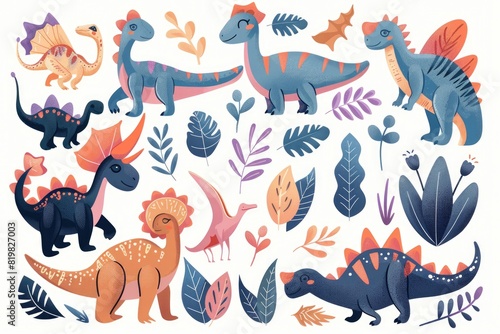 Group of cartoon dinosaurs surrounded by plants. Suitable for children s books or educational materials