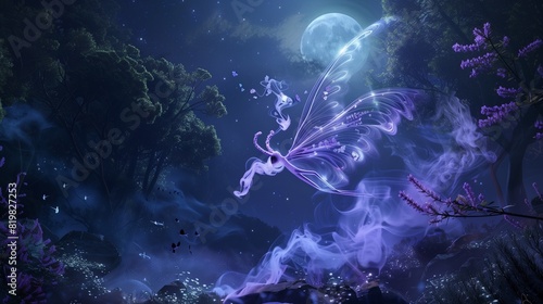 Lavender smoke shaping a fairy  fluttering amidst a mystical forest under moonlight