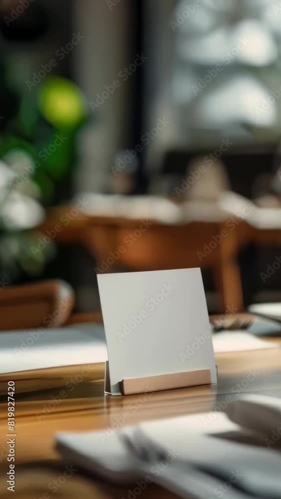 A white card with a wooden stand sits on a table. The card is empty and the stand is made of wood. The table is set with a fork and knife, and there is a potted plant in the background A white card with a wooden stand sits on a table. The card is empty and the stand is made of wood. The table is set with a fork and knife, and there is a potted plant in the background