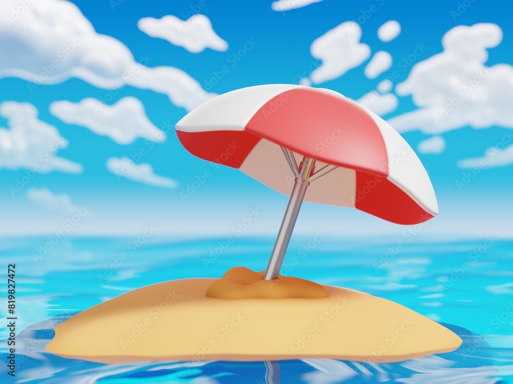 Summer 3d beach umbrella illustration on the beach with blue sea and clear cloudy sky.