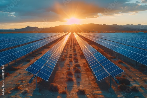 Solar Energy Farm at Sunset with Rows of Photovoltaic Panels in Desert Landscape for Sustainable Energy Poster