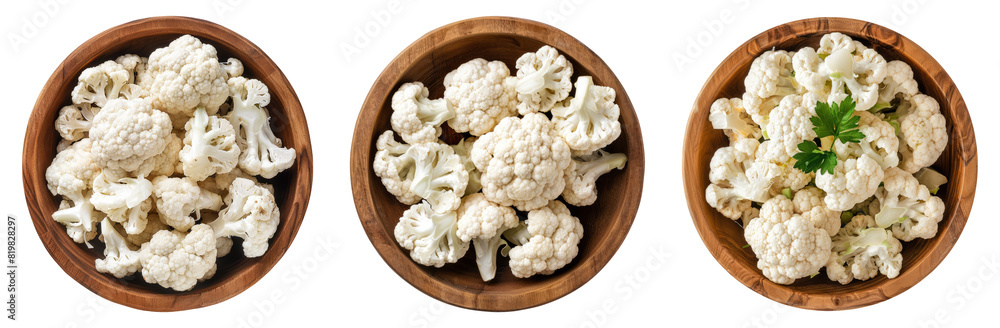 Cauliflower, wooden bowl, top view, isolated, PNG set Cauliflower, wooden bowl, top view, isolated, PNG set