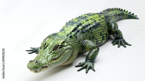 Toy alligator sitting on top of a white surface. Suitable for children s toy store advertising
