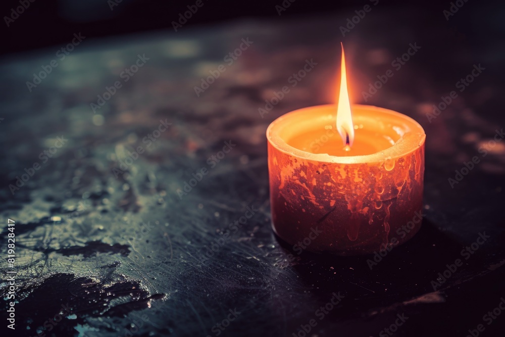 A glowing candle placed on a tabletop, suitable for various uses A glowing candle placed on a tabletop, suitable for various uses