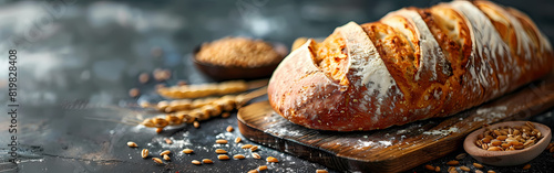 Bread bakery background top food view fresh white wheat loaf. Background food flour bakery top bread slice pastry brown breakfast bake organic cut table french grain baguette board wood whole wooden 