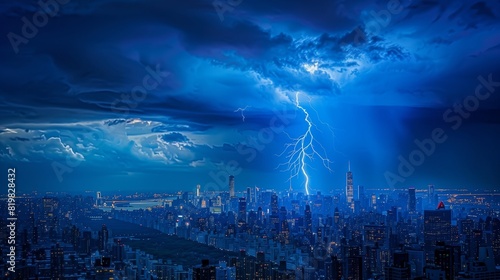 Powerful Electric Blue Thunderbolt Striking a Dark Cityscape, Dynamic Weather Phenomenon