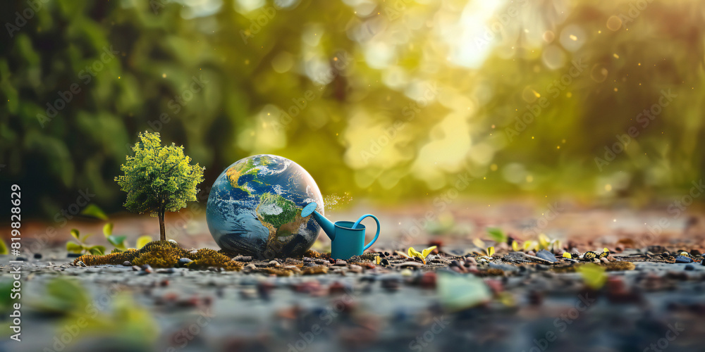 planet earth floating on rural background with trees and watering can ...