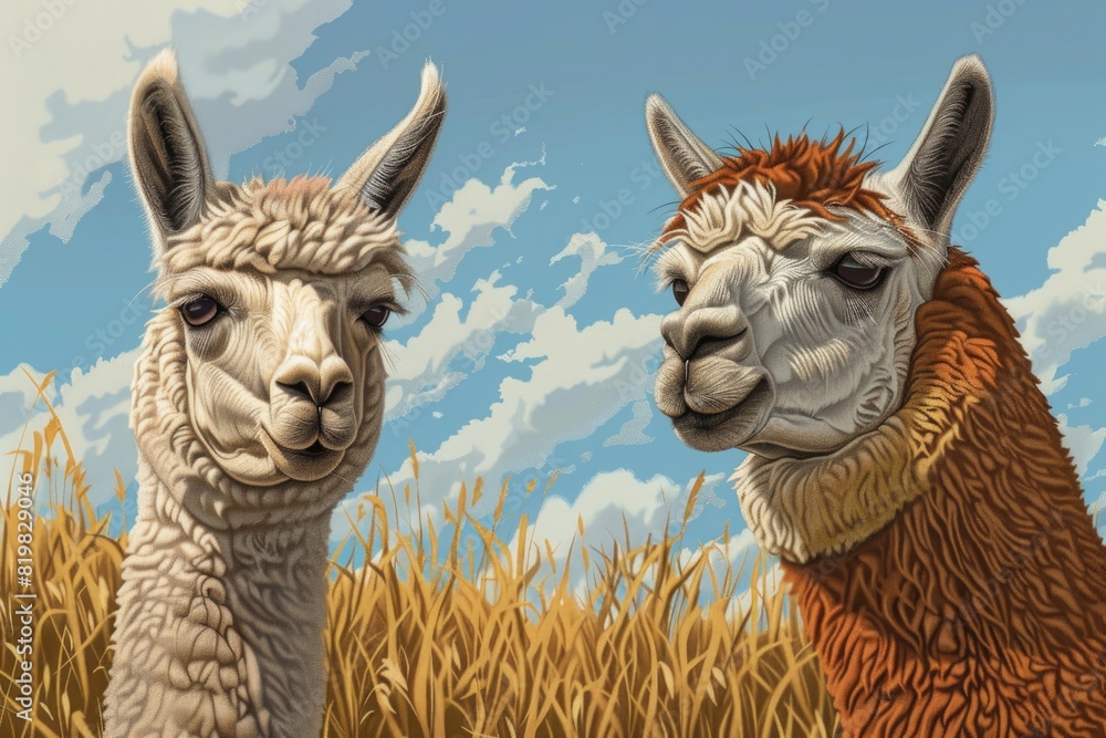 Obraz premium A painting of two llamas in a field. Suitable for nature and animal-themed projects
