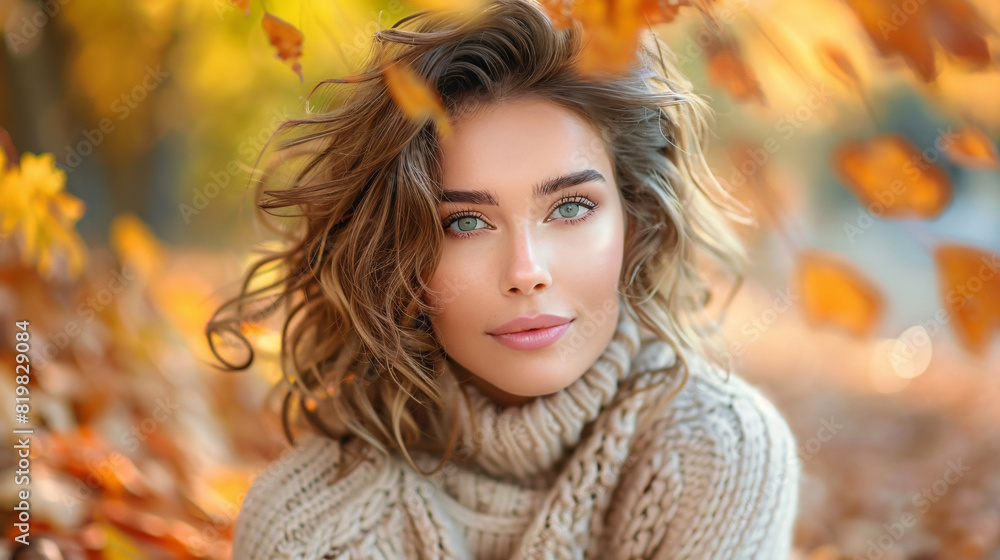 Casual yet stylish female model in a beige outfit, posing confidently with a background of autumn leaves Casual yet stylish female model in a beige outfit, posing confidently with a background of autumn leaves