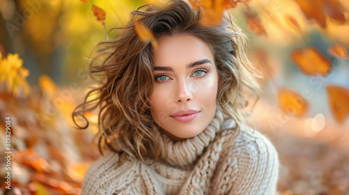 Casual yet stylish female model in a beige outfit, posing confidently with a background of autumn leaves photo