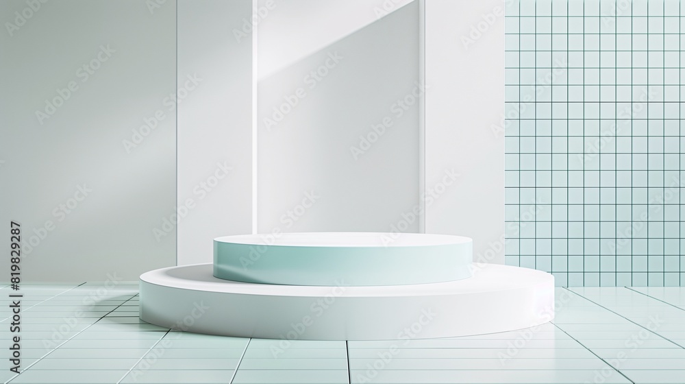 A bright and elegant 3D podium in white and light blue, set against a sleek tiled wall, designed to showcase products in a minimalistic and professional environment. A bright and elegant 3D podium in white and light blue, set against a sleek tiled wall, designed to showcase products in a minimalistic and professional environment.