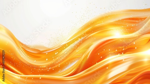 This illustration is a golden flowing liquid modern abstract background, with flowing drops of oil, honey, or fluid on a white background. The image can be used for cosmetics, sales, or banners. photo