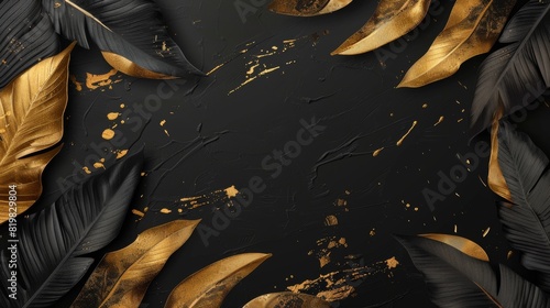 Tropical black gold leaves on dark background modern. Beautiful botanical design with exotic banana palms, tropic jungle leaves, and golden paint smears.