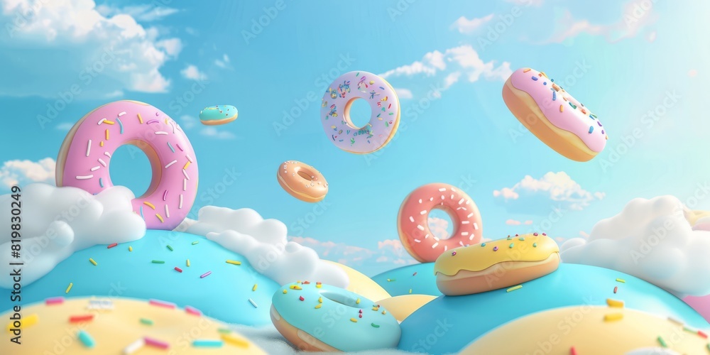 Pastel colorful candy abstract geometrical mountain ring on blue sky cloud landscape.