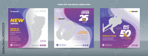 Social media post template with transparent purple curve on white background for product promotion