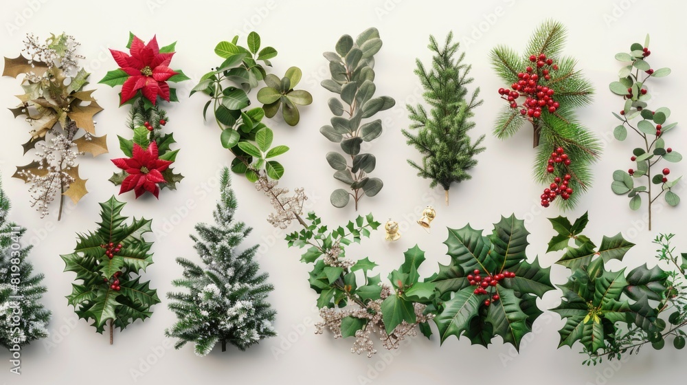 Festive Christmas plants and leaves on a white background. Perfect for holiday decorations Festive Christmas plants and leaves on a white background. Perfect for holiday decorations