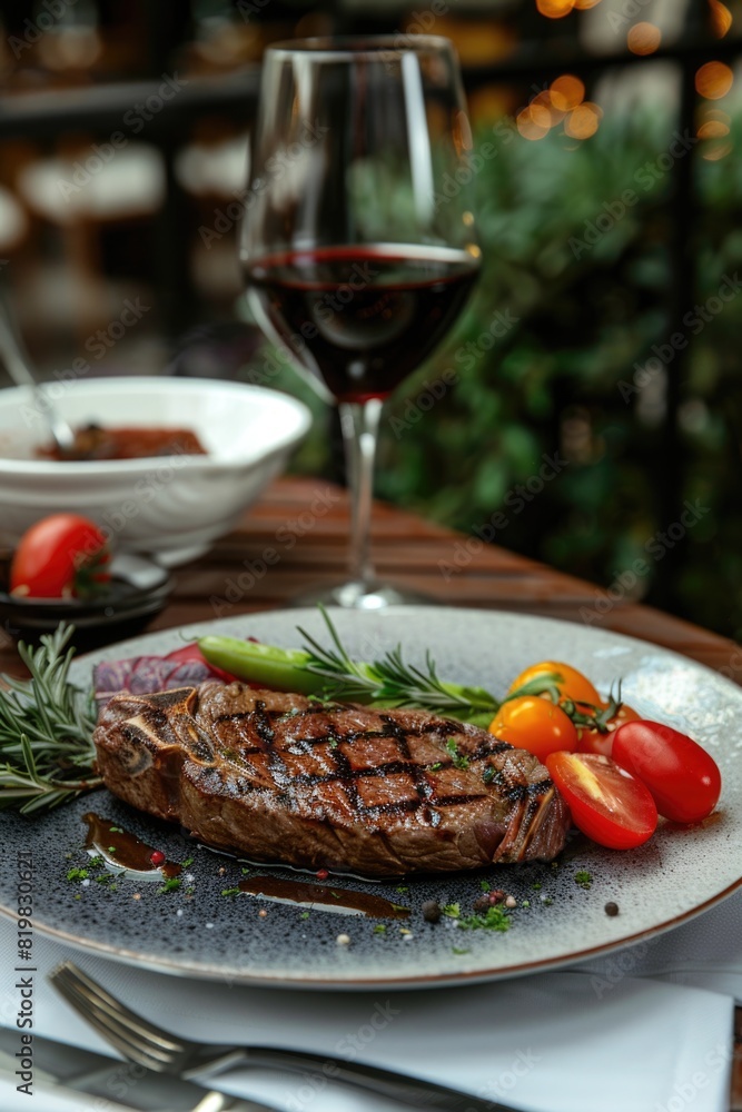 A delicious steak served with a glass of wine, perfect for restaurant menus or food blogs A delicious steak served with a glass of wine, perfect for restaurant menus or food blogs