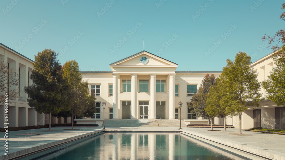 A grand, classical building with a symmetrical facade, tall columns, and a clock, fronted by a reflective pool and lined with trees, representing a prestigious institution.