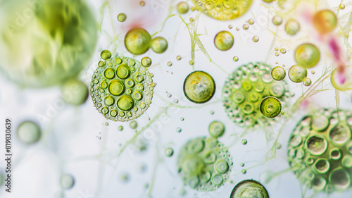 Microscopic view of green and yellow spherical structures resembling cells or bubbles, showcasing intricate patterns and scientific exploration of cellular biology.