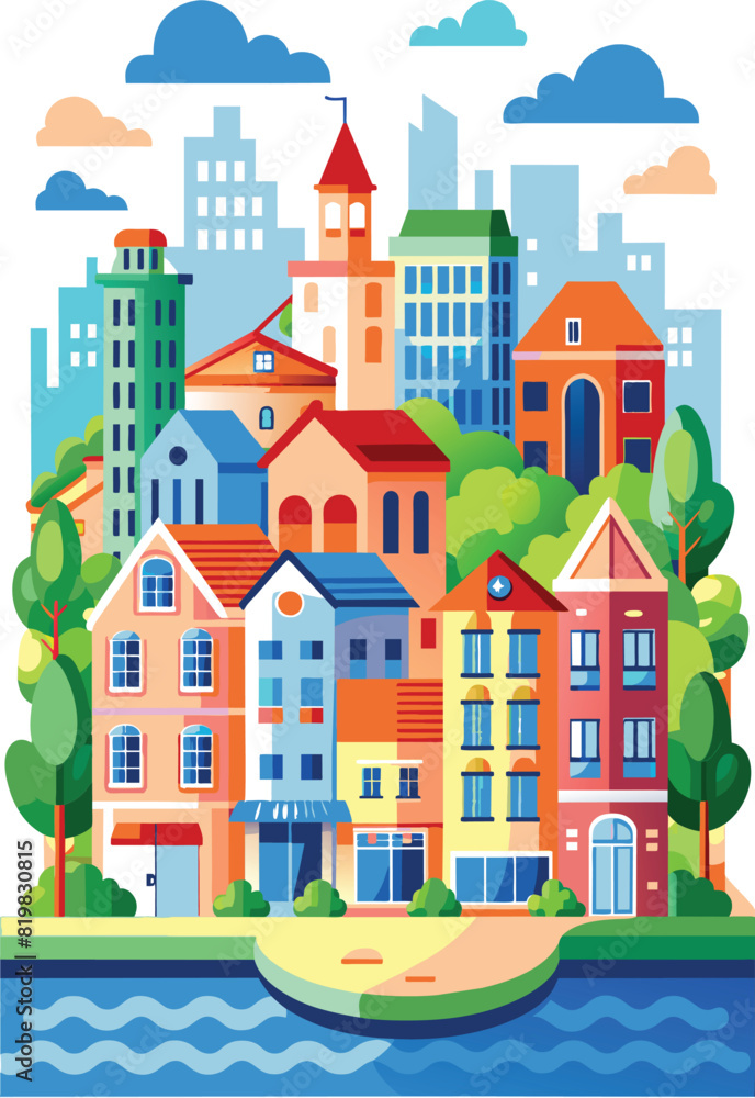 Flat illustration of building in city, vector illustration. Flat illustration of building in city, vector illustration.