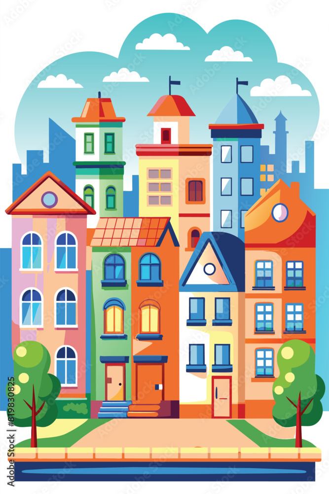Flat illustration of building in city, vector illustration.