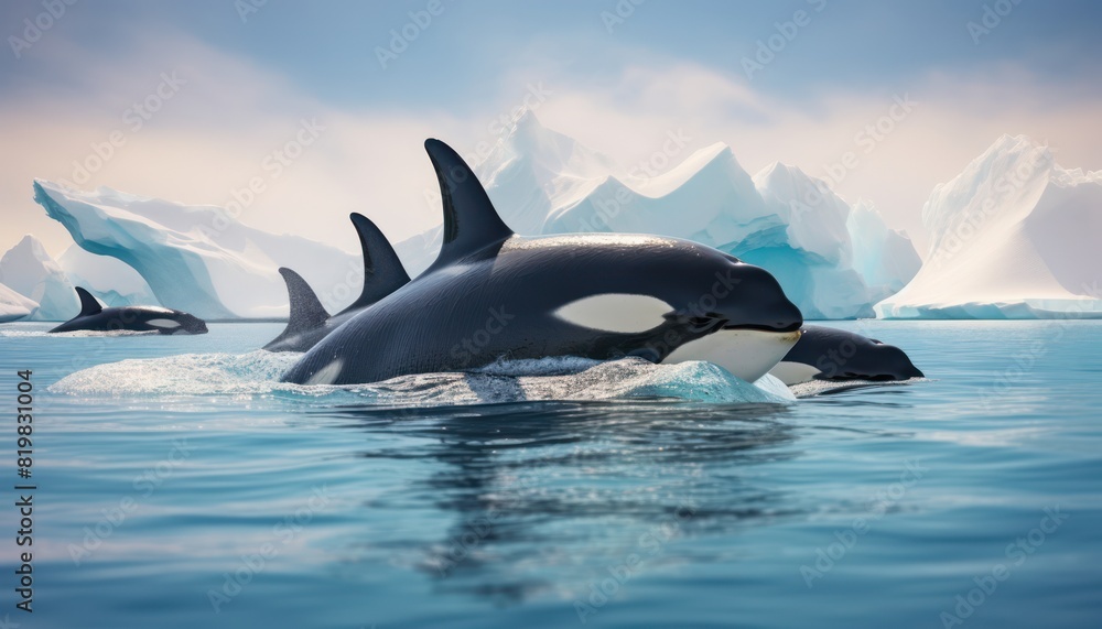 Fototapeta premium Groups of Orcas or killer whales swim and hunt for prey, the top of the food chain in a sea of ice floes