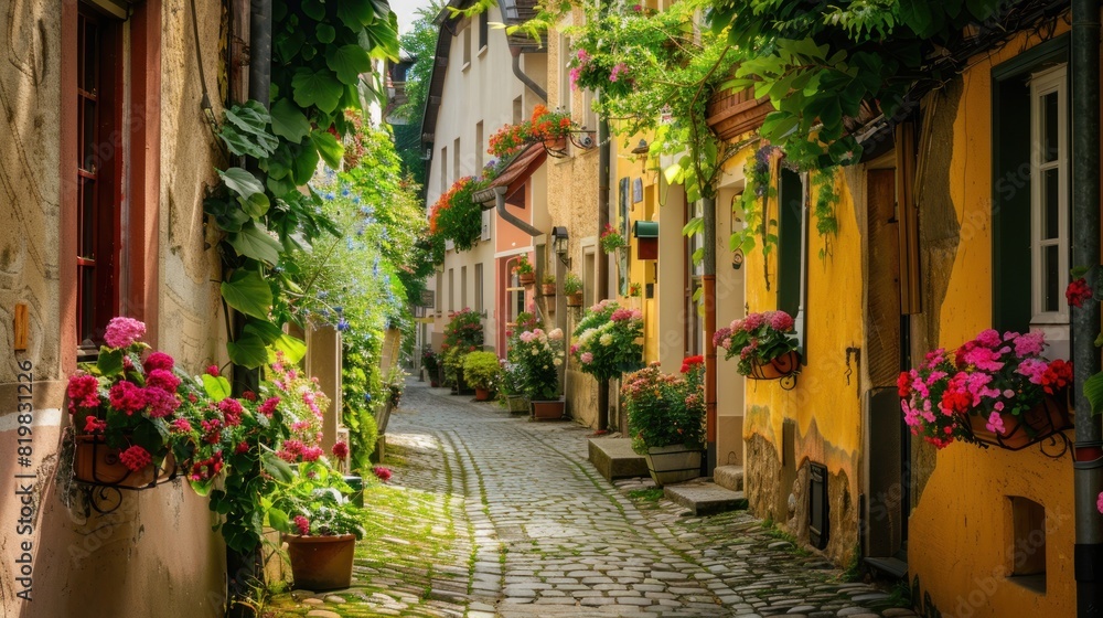 A happy family exploring a charming European village, strolling through cobblestone streets lined with colorful houses and flower-filled window boxes