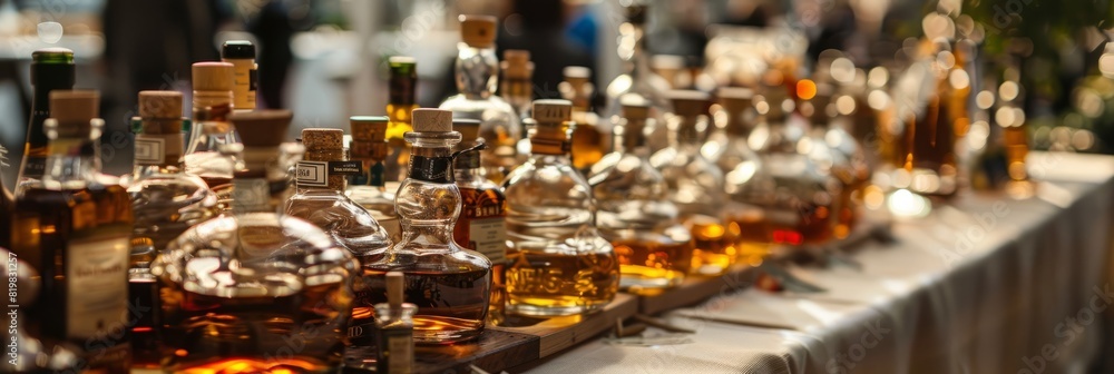 Numerous bottles of various liquors displayed on a table, showcasing an artisanal whisky assortment at an urban event