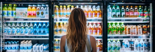 Woman standing in front of a display of drinks, selecting beverages from the refrigerated shelves filled with bottled water photo