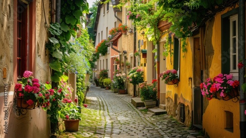 A happy family exploring a charming European village  strolling through cobblestone streets lined with colorful houses and flower-filled window boxes