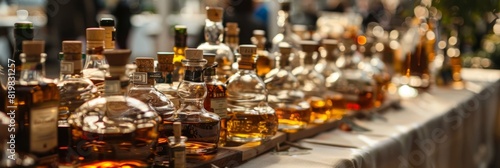Numerous bottles of various liquors displayed on a table, showcasing an artisanal whisky assortment at an urban event