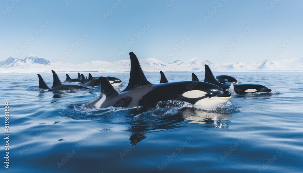 Fototapeta premium Groups of Orcas or killer whales swim and hunt for prey, the top of the food chain in a sea of ​​ice floes