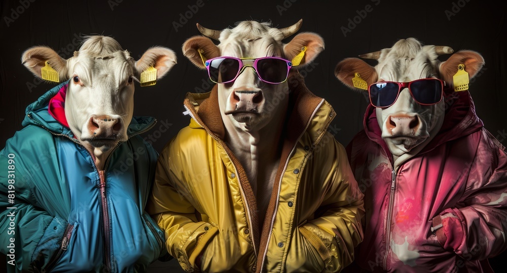 Group of cows in funky Wacky wild mismatch colorful outfits isolated on bright background	