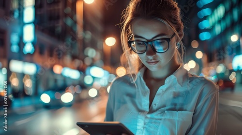 Young Woman Using Tablet at Night photo