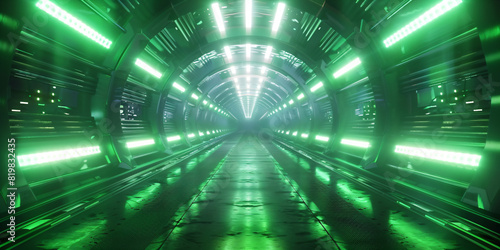 abstrakter futuristischer Tunnel mit grünen leuchtenden Neon Linien 