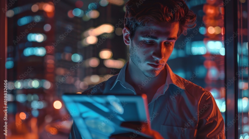 Man with Tablet in Neon City