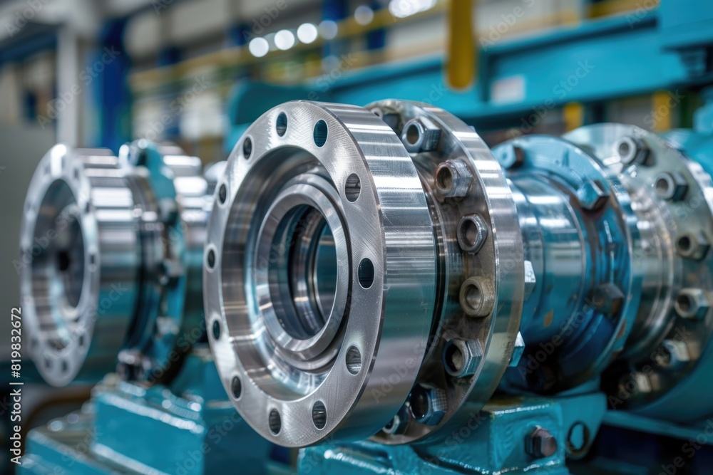 Fototapeta premium Close up of a metal flange on a machine, ideal for industrial concepts